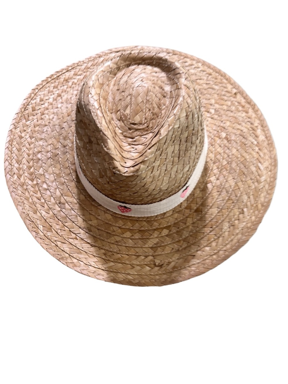 Straw Wide-Brim Sun Hat with White Band Strawberry Embroidered Trim